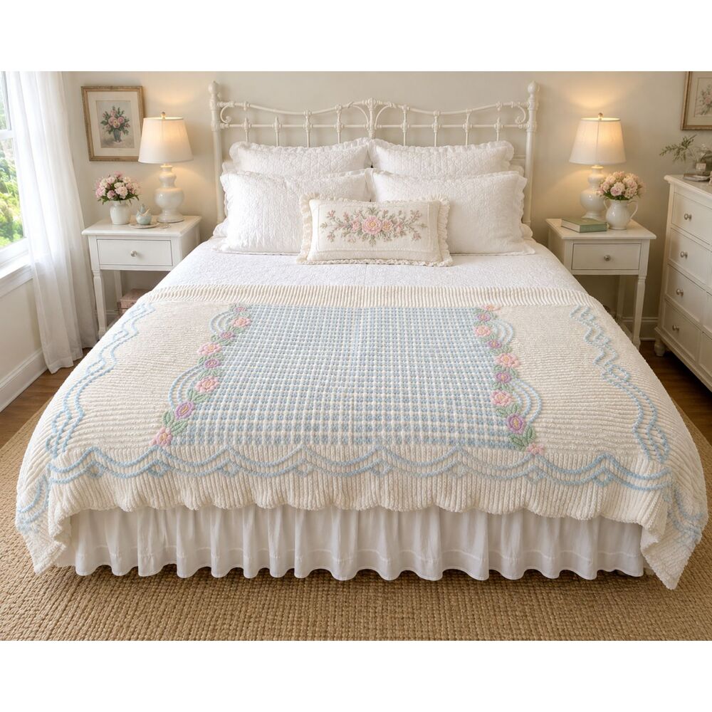 EUC Vintage Chenille Coverlet Bed Throw Cottagecore Rose Hobnail Chenille 46x84"